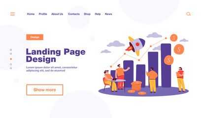 Obraz premium Tiny sales managers looking at growth chart flat vector illustration. Cartoon creative employees launching sales promotion or startup. Business and finance operations concept