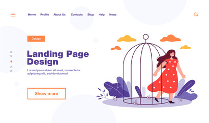 Happy woman leaving birdcage. Female cartoon coming out of cage, opening up flat vector illustration. Freedom, domestic violence, mental health concept for banner, website design or landing web page