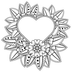 Mehndi flower with frame in shape of heart for henna, mehndi, tattoo, decoration. decorative ornament in ethnic oriental style. doodle ornament. coloring book page.