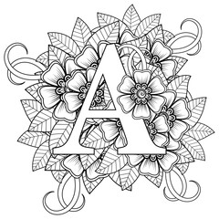 Letter A with Mehndi flower. decorative ornament in ethnic oriental style. coloring book page. 