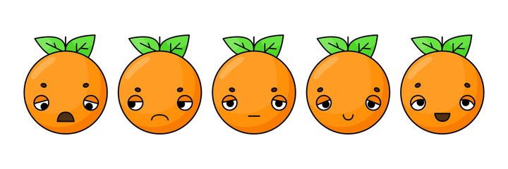 User experience feedback concept with different mood emoji oranges. Feedback fruit emoji rate form for web site or app