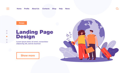 Obraz premium Couple traveling or moving to other country. Man and woman with bag and suitcase, globe background flat vector illustration. Tourism, vacation concept for banner, website design or landing web page