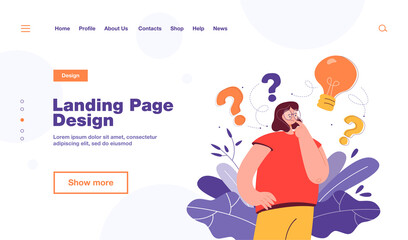 Woman thinking about idea flat vector illustration. Cartoon female character with questions marks and light bulb above head wondering. Business solution and problem solving concept