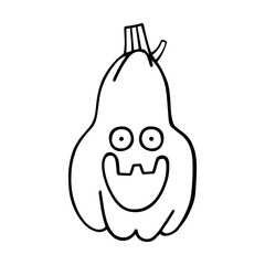 Funny cartoon pumpkin with a smiling face. Cute Halloween character. Jack's lantern for Halloween. Vector hand-drawn illustration in the doodle style. Isolated clipart on a white background. For card.