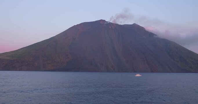 View from the sea of the Stromboli volcano in perennial eruptive activity. Aeolian Islands, Sicily - Italy