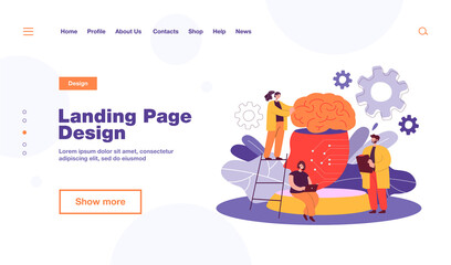 Tiny people learning artificial intelligence flat vector illustration. Cartoon scientists standing near giant brain with neural network. Data science, computing and machine technology concept