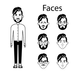 Faces for characters. A characters for a doodle video. Black and white vector image of a characters with different faces. Different men's faces for doodle videos. Coloring pages for kids.

