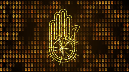 Abstract Golden Shiny Jain Symbol Hand Lines And Light Burst From Wheel On The Palm With Fractal Transparent Of The Symbol Grid Pattern Background