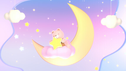 Fototapeta na wymiar Cartoon cute bear holding a yellow star sitting on a pink cloud. Beautiful yellow crescent moon and hanging clouds in the night sky. Good night and sleep tight lullaby theme. 3d rendering picture.