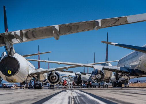 Victorville, California, USA, June 2021, Southern California logistics airport, aka as Victorville Airport, runway  17 / 35 occupied by several stored wide body aircrafts due coronavirus pandemic 