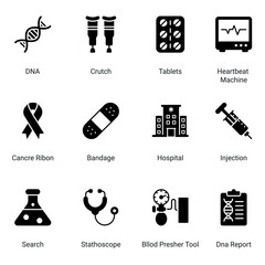 set of hospital and healthcare icons in Glyphs style. professionals and medical equipment. first aid kit, oxygen, doctor bag, pulse, thermometer, eye, DNA, insemination, Simple symbols for app develop