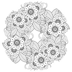 Mehndi flower for henna, mehndi, tattoo, decoration. decorative ornament in ethnic oriental style. doodle ornament. outline hand draw illustration. coloring book page.