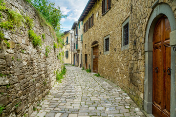 Alley in the medieval village of Montefioralle Florence Tuscany Italy