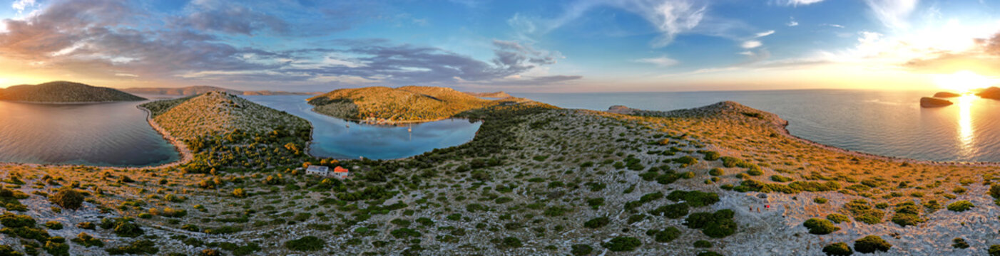 Best 360 degrees photo of sunset Kornati Islands national park archipelago view, landscape of Dalmatia, Croatia in Europe