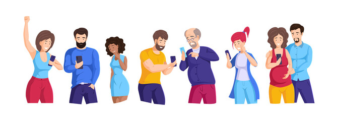 Collection of people looking to smartphones and talking with different emotions. Set man, woman, couple and families holding mobile phones. Person chatting, typing message with social network