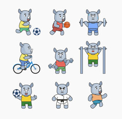 Cute rhino in various sports set. Rhino mascot play football, basketball, ride bike, run and show other actions. Modern vector illustration