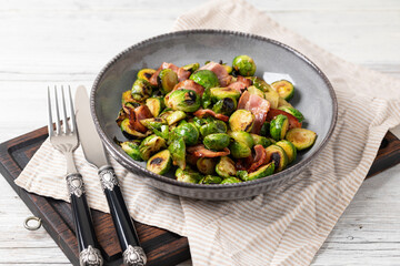 Fried Brussels sprouts with bacon