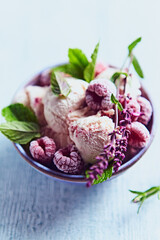 Raspberry Ice Cream with fresh Mint Leaves and frozen Raspberries
