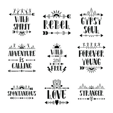 Set of vector illustrations, hand drawn lettering with element of decorated arrows, dancing men, tent - Authentic indigenous style - Ethnic hipster boho design - Isolated black on white
