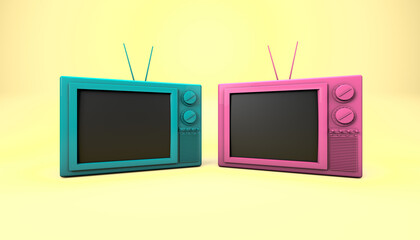 3d rendering, Close up pink and green televisions cartoon mock up with minimal and trendy fashion style, blank empty space for copy, yellow color background.