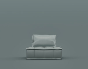 Single middle ottoman footstool pouffe in a monochrome dim gray interior room, single gray color, 3d Rendering