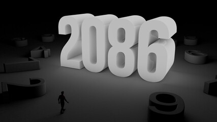 3D illustration of number 2086 with a man walking towards it