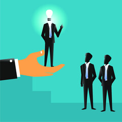 Fototapeta premium businessman with a light bulb head above a hand and two other business people under it