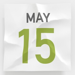 Fototapeta premium May 15 date on crumpled paper page of a calendar, 3d rendering