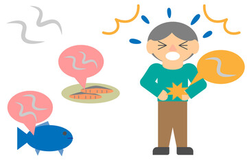 アニサキスと魚や切り身のアニサキスとアニサキスで腹痛を起こしている人のセット