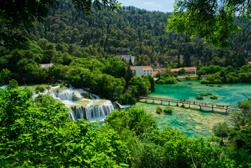 Waterfall and historical village in Krka National Park in Croatia, Europe, HDR - 439814129