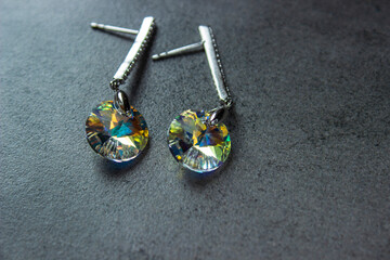 Rainbow moonstone necklage earrings jewelry on display stand in a shop market detail