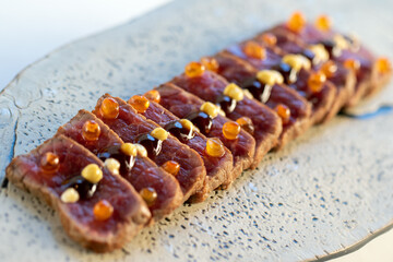Appetizing wagyu beef tataki