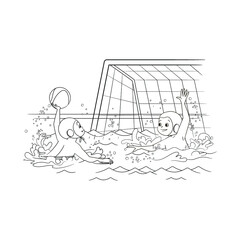 Coloring book water polo athletes throwing a ball to each other in the pool. Vector illustration, in cartoon style, black and white line art