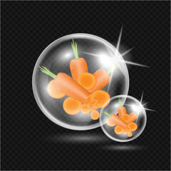 Carrot in bubbles. Carrot realistic with 3D vector illustration. On a translucent background. Design for culinary products drinks and fruit, medical facial Serum. Web site decoration.