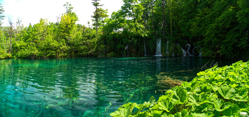 Extra wide panorama of “Plitvice” Lake in HDR Croatia Europe National Park