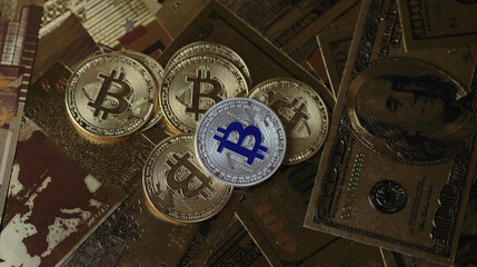 Fototapeta na wymiar Camera moving around bitcoin coins and golden money dollars and euro on the background.
