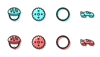 Set line Bicycle wheel, helmet, sprocket crank and shoes icon. Vector