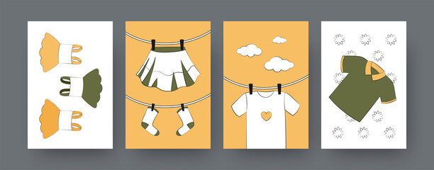 Set of contemporary art posters with kids shirt and dresses. Skirt and socks drying on clothesline cartoon vector illustrations. Clothing, children concept for designs, social media, postcards
