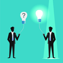 two business men each holding a rope attached to a light bulb above it