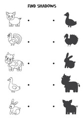Find the correct shadows of black and white farm animals. Logical puzzle for kids.