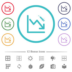 Falling vaccination graph flat color icons in circle shape outlines