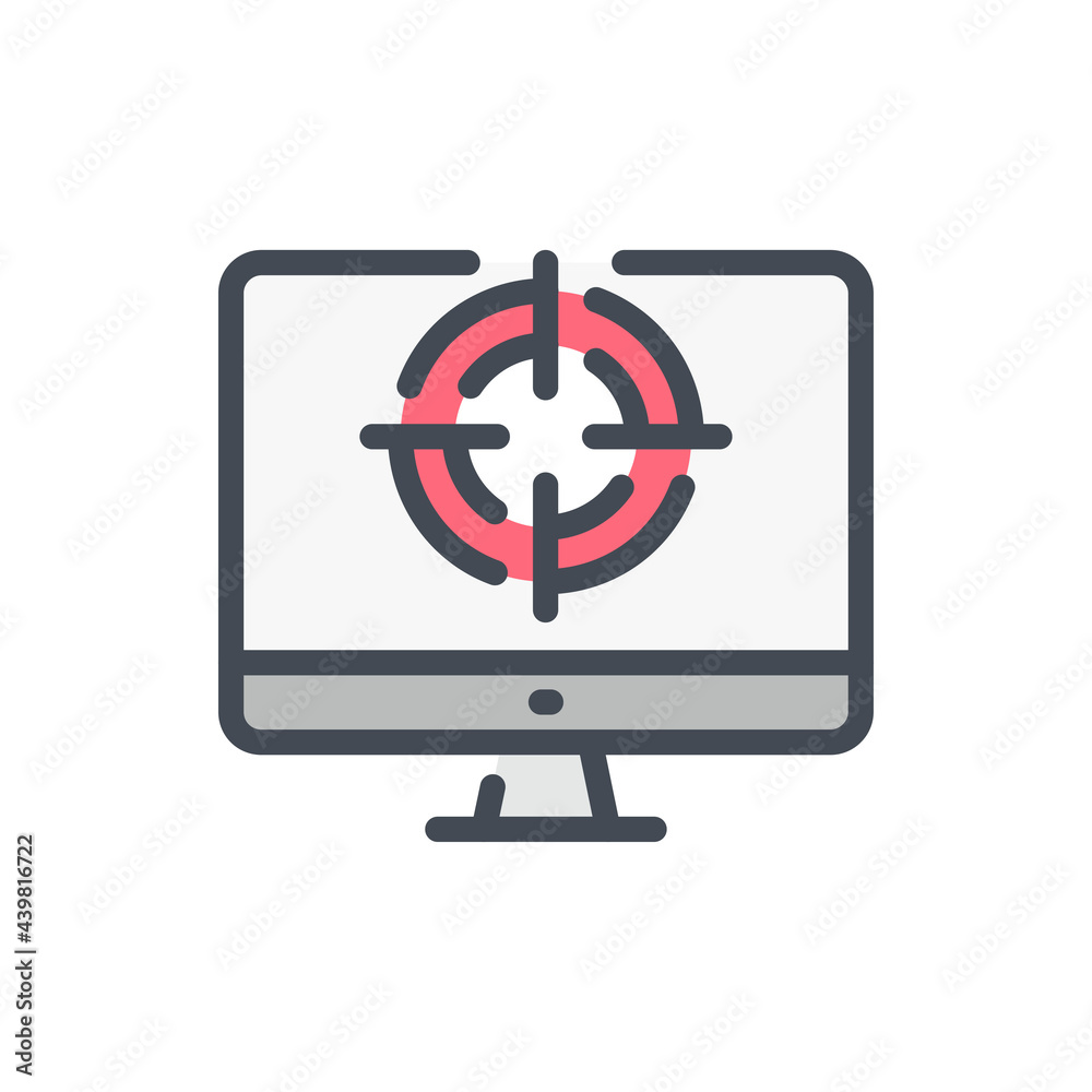 Poster online target audience analytics color line icon. personal computer with target on monitor vector ou