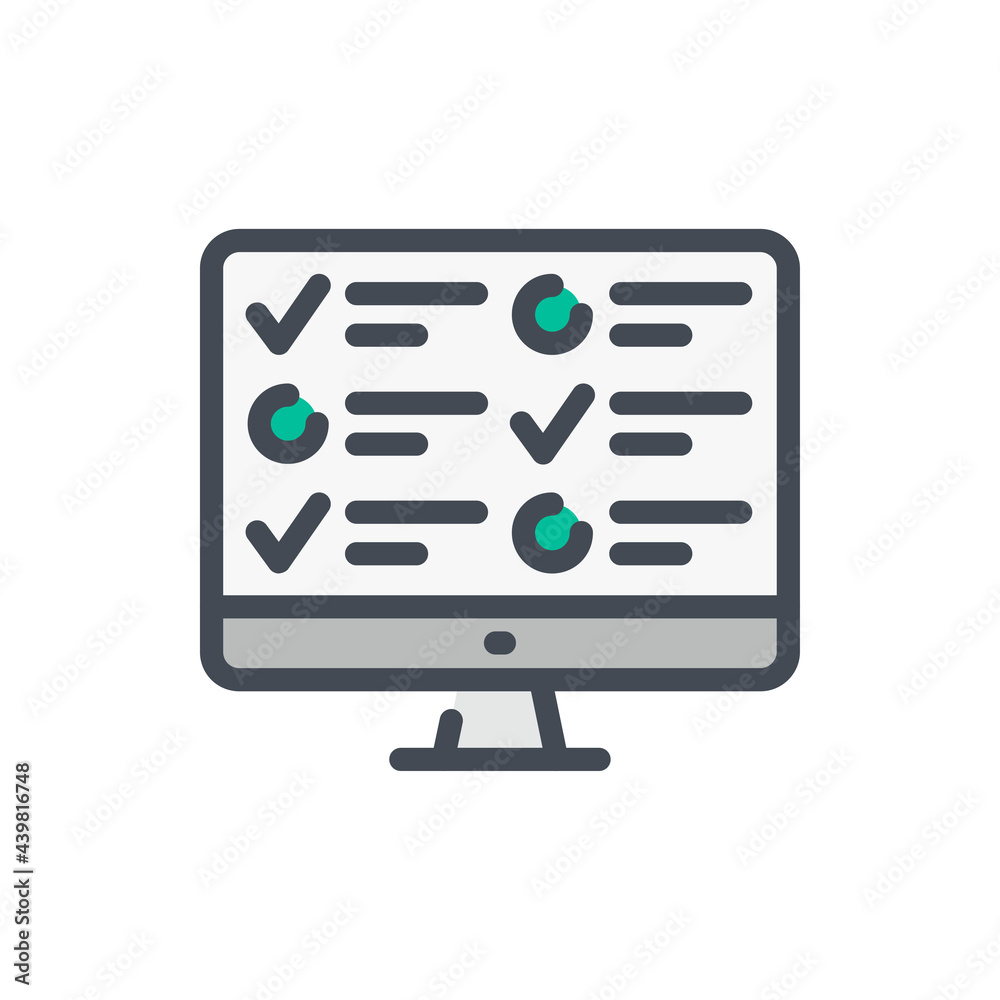 Poster survey and online exam form color line icon. computer with questionnaire on monitor vector outline c
