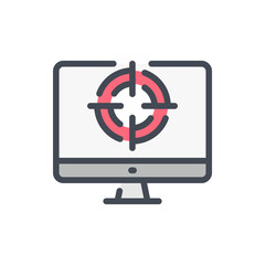 Online target audience analytics color line icon. Personal computer with target on monitor vector outline colorful sign.