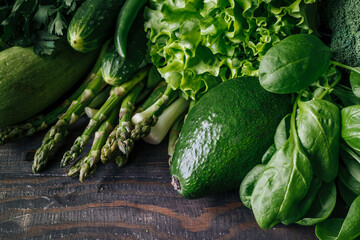 Green fresh vegetables avocado, broccoli, spinach, cucumbers,cabbage,lettuce on a wooden table.
