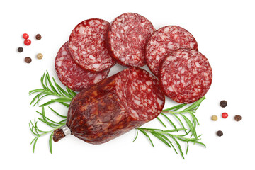 Smoked sausage salami with slices isolated on white background with clipping path and full depth of field. Top view. Flat lay