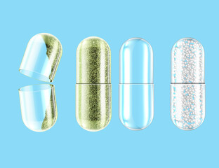 Transparent capsules empty and with granules Herb capsule, nutritional supplement. Vector