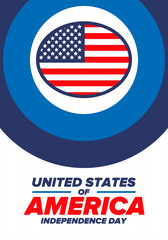 Independence Day in United States of America. The Fourth of July. Happy national holiday, celebrated annual in July 4. American flag. Country freedom day. Patriotic event design. Vector poster