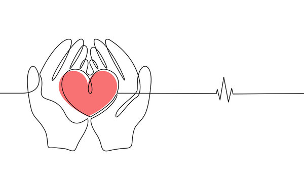 Human hands hold a heart in line art style on white background. Hope and kindness concept, cardiology, volunteering and donation. Vector stock illustration. 