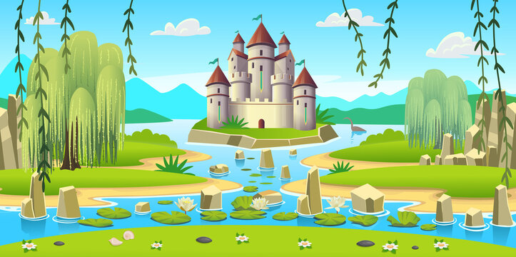 Landscape with islands, mountains and a river.Cartoon background with lots of toys and playground for kids.The concept of a children's playroom, birthday, kids club, kindergarten, school
